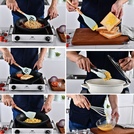 Set of 14 Silicone Utensils Set Wooden Cooking Kitchen Baking Cookware~Green