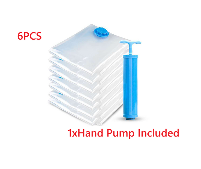 6pcs Vacuum Storage Bags Reusable Ziplock Vacuum Sealer Bags Applicable to a Variety of Pumps,Hand Pump Included~50x70cm