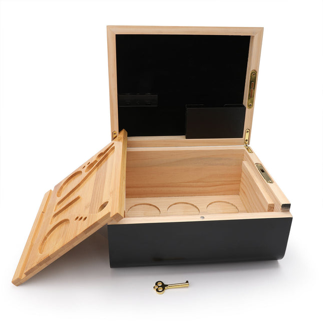 Wooden Storage Chest with Movable Tray Wood Locking Stash Box Rolling Tray Gift