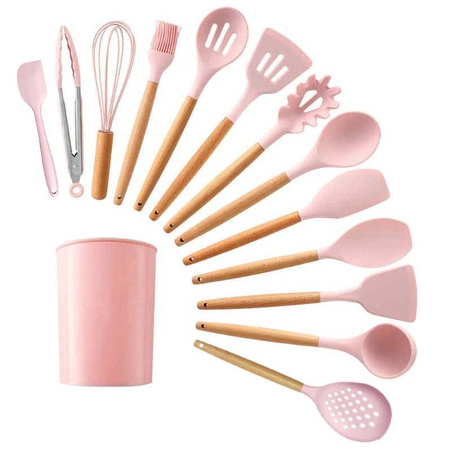 Set of 14 Silicone Utensils Set Wooden Cooking Kitchen Baking Cookware ~ Pink